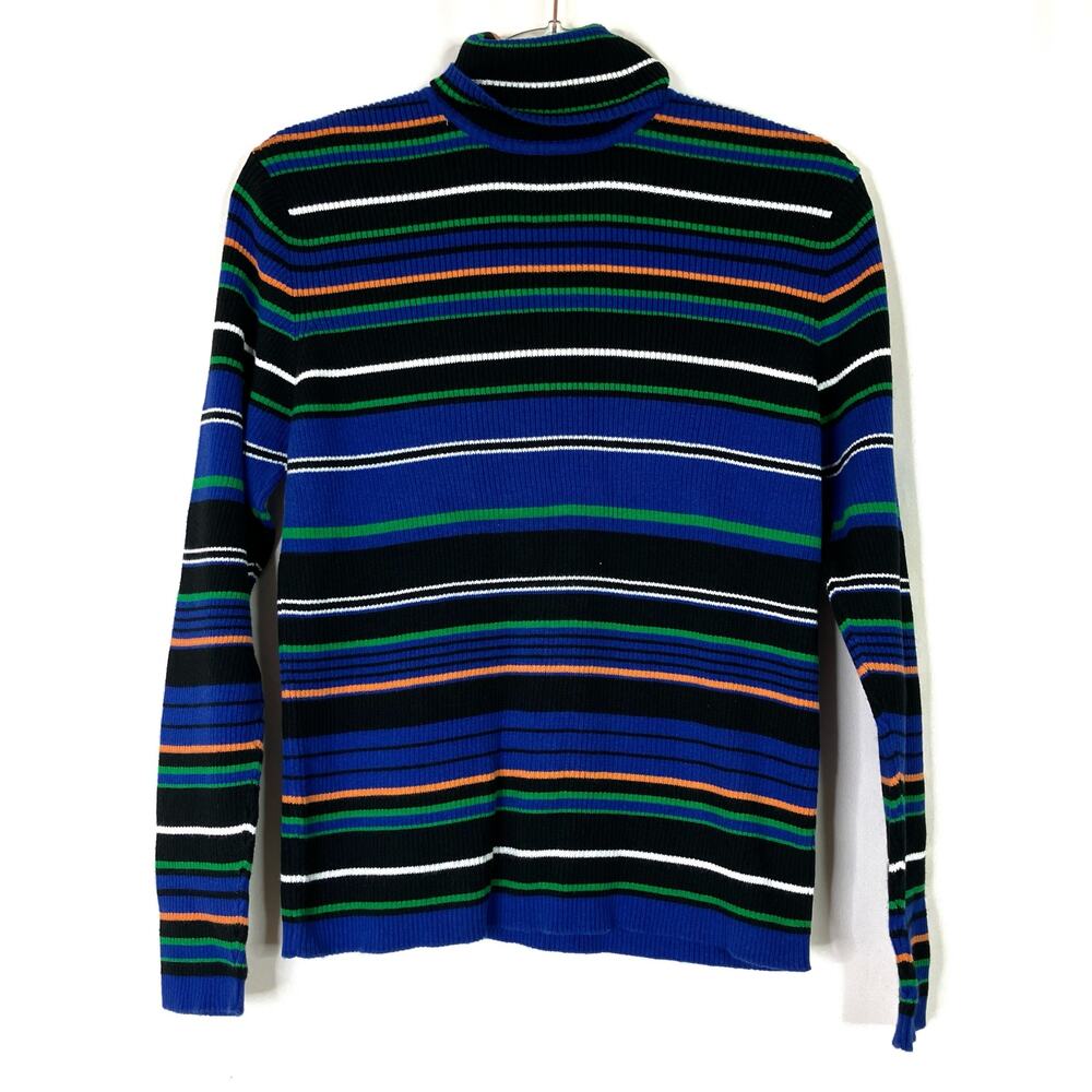 Talbots | Vintage Turtleneck Sweater 100% Cotton Blue Black Stripe Womens Large